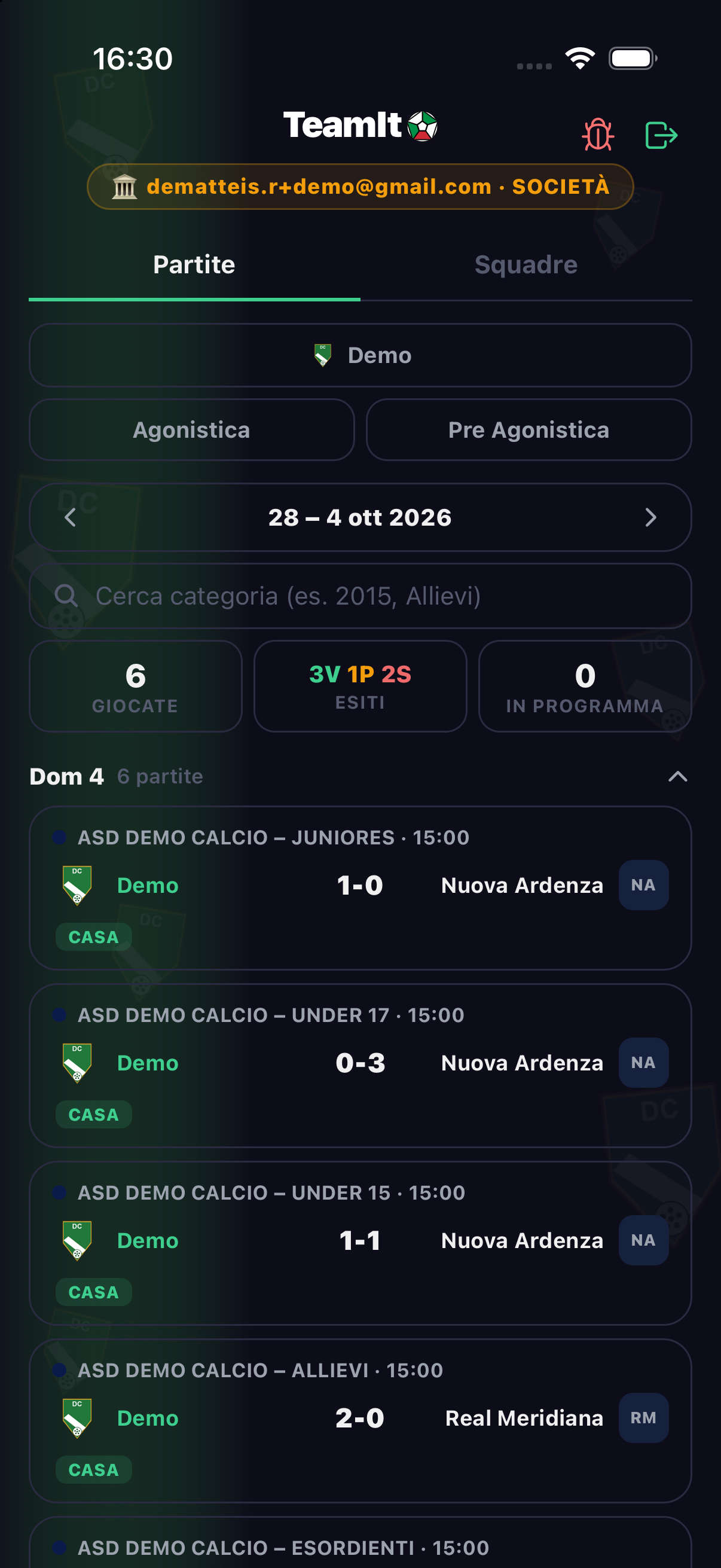 Risultati delle partite in app mobile, con classifica settimanale