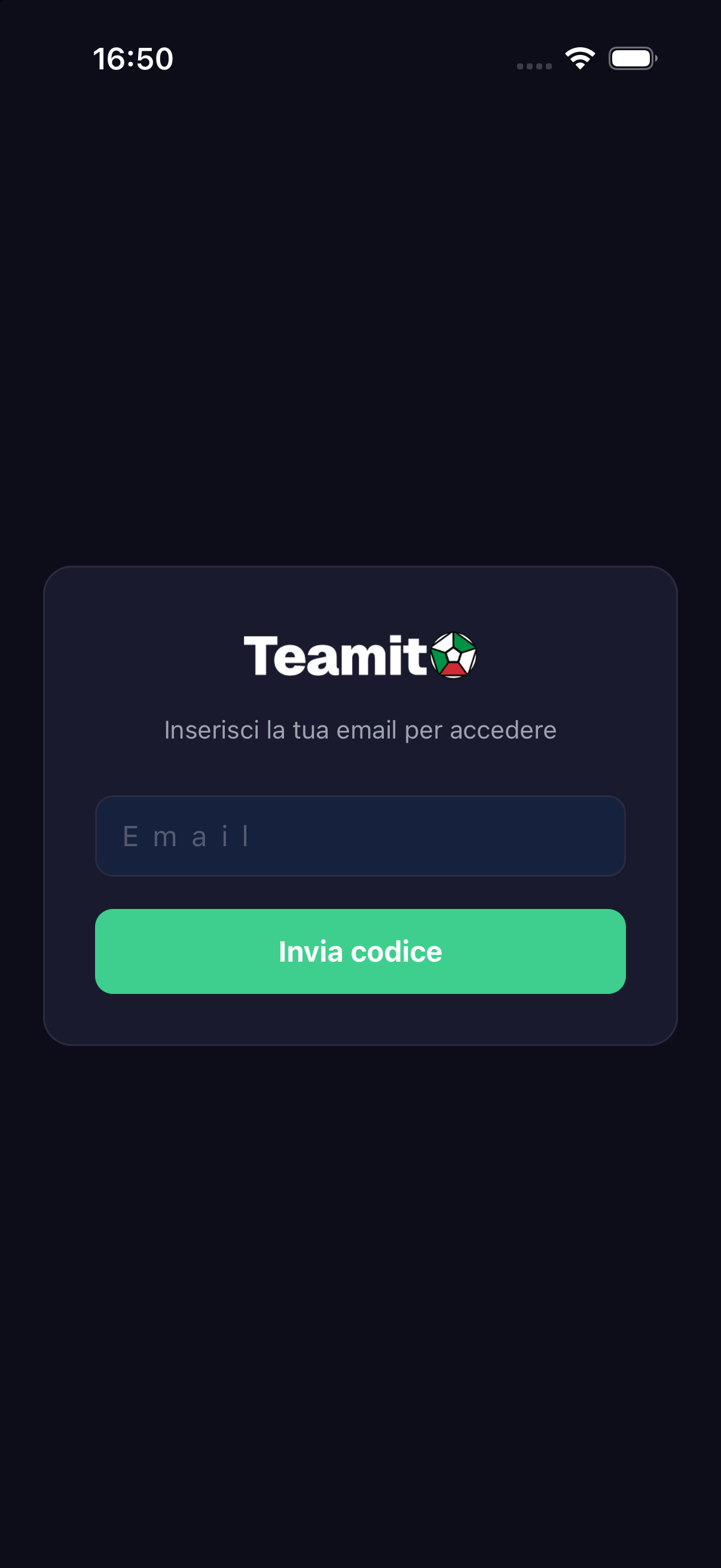 Schermata di avvio dell'app Teamito