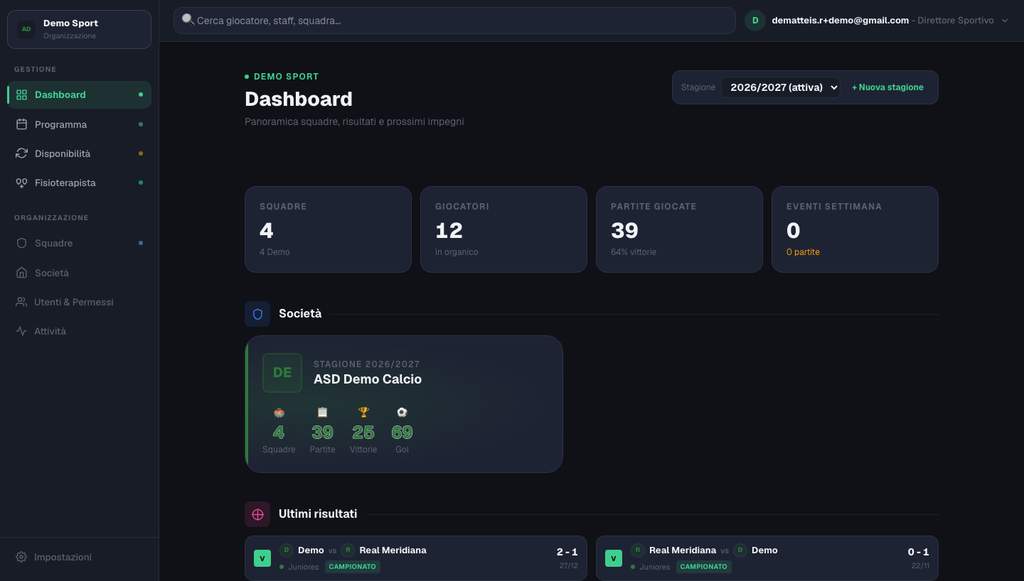 Dashboard Teamito con squadre, giocatori, ultimi risultati e prossimi impegni