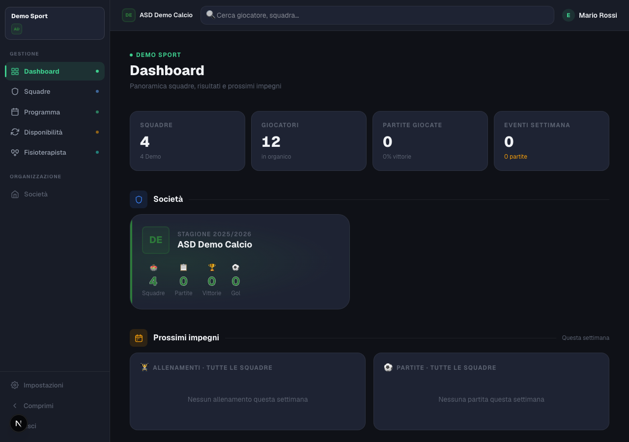 Dashboard Teamito con squadre, giocatori e prossimi impegni